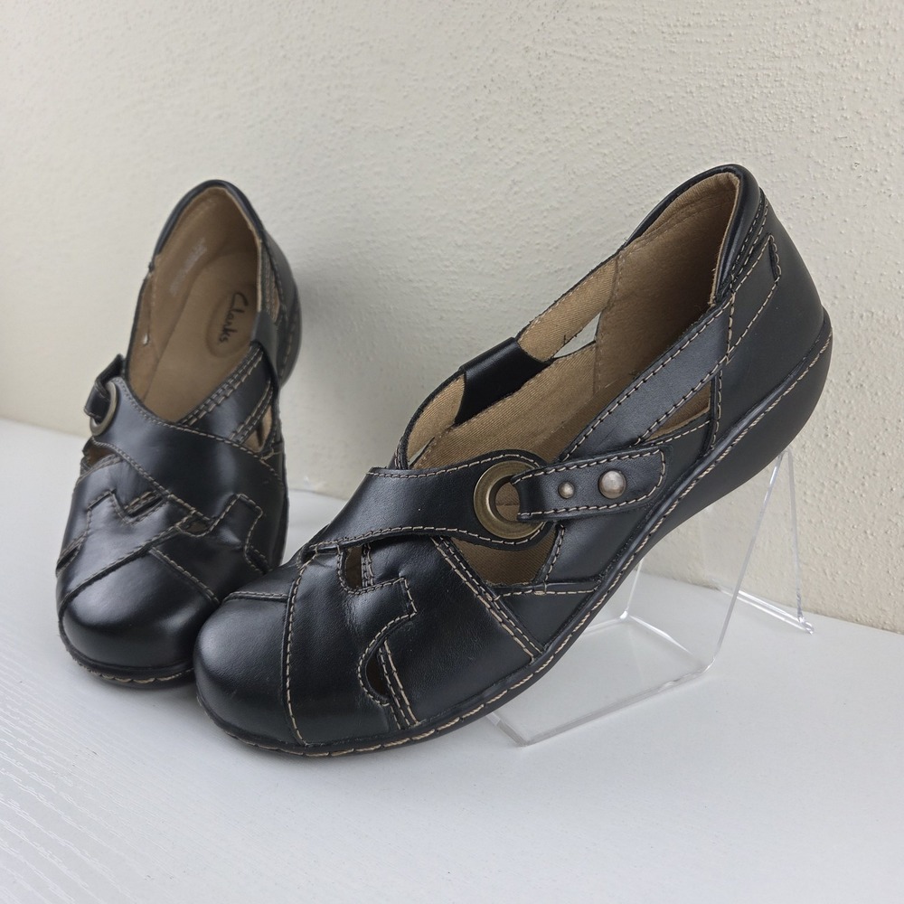 Clarks Ashland Spin Q Mary Jane Shoes Black Leather Cross Strap Womens Sz 6.5 M